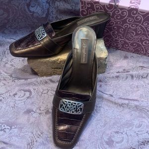 Brighton Steph Style Leather Mules Stacked Block Heeled Brown Crocodile
